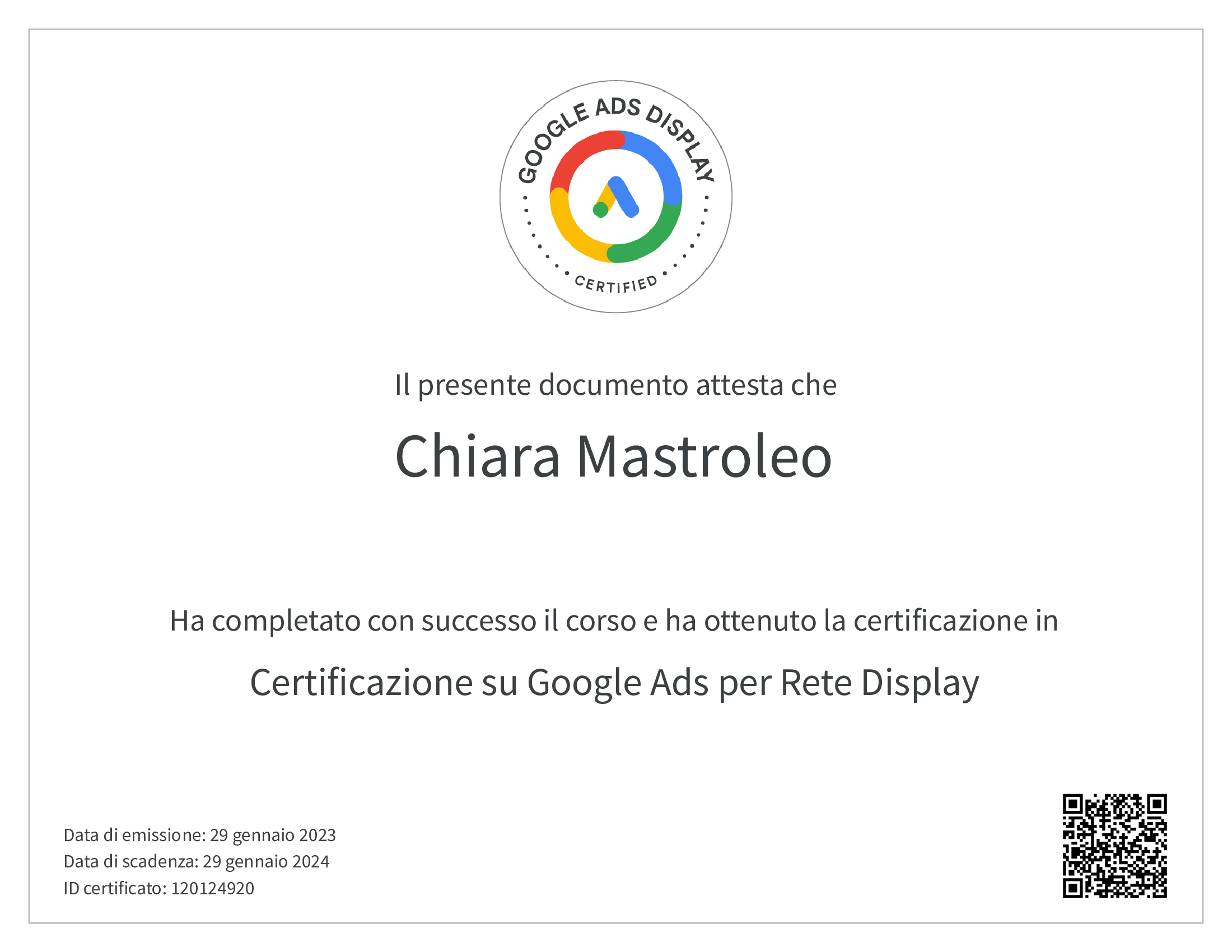 Certificato Google ADS Display