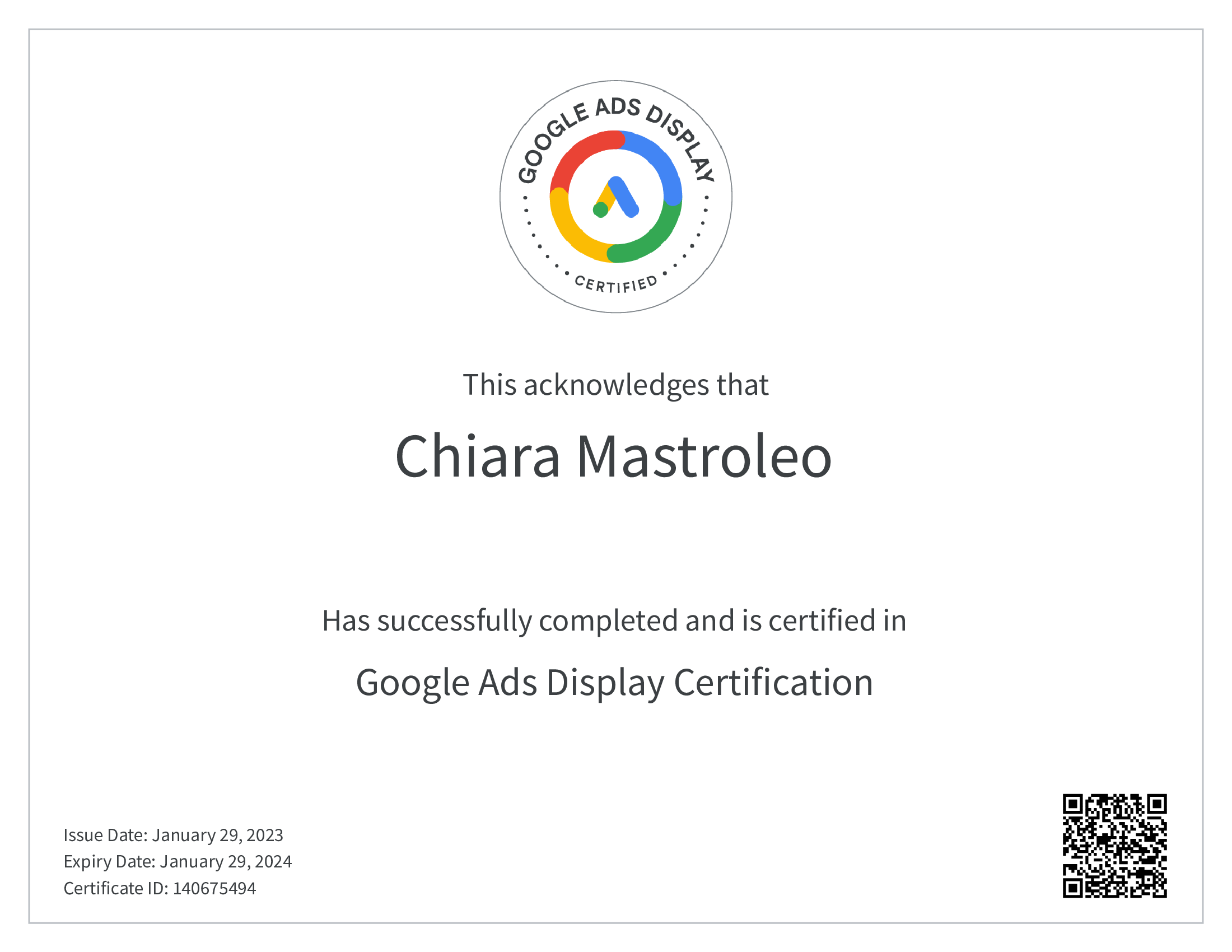 Certificato Google ADS Display