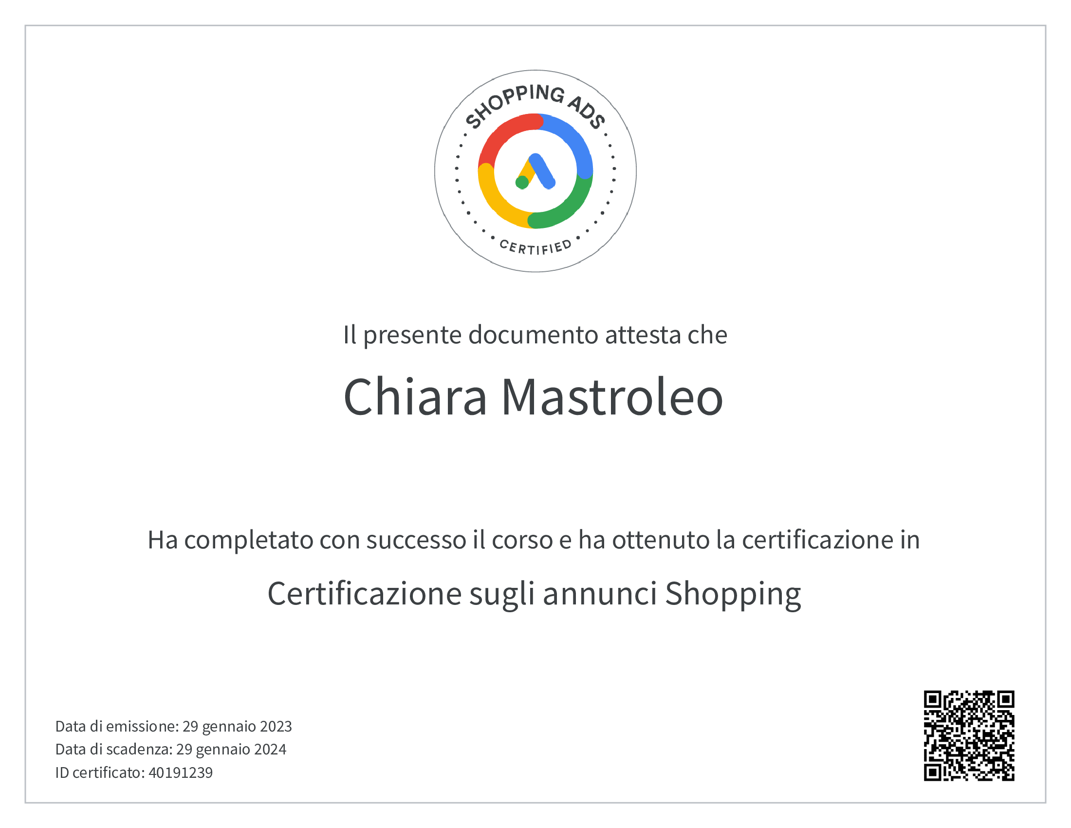 Certificato Google Shopping ADS