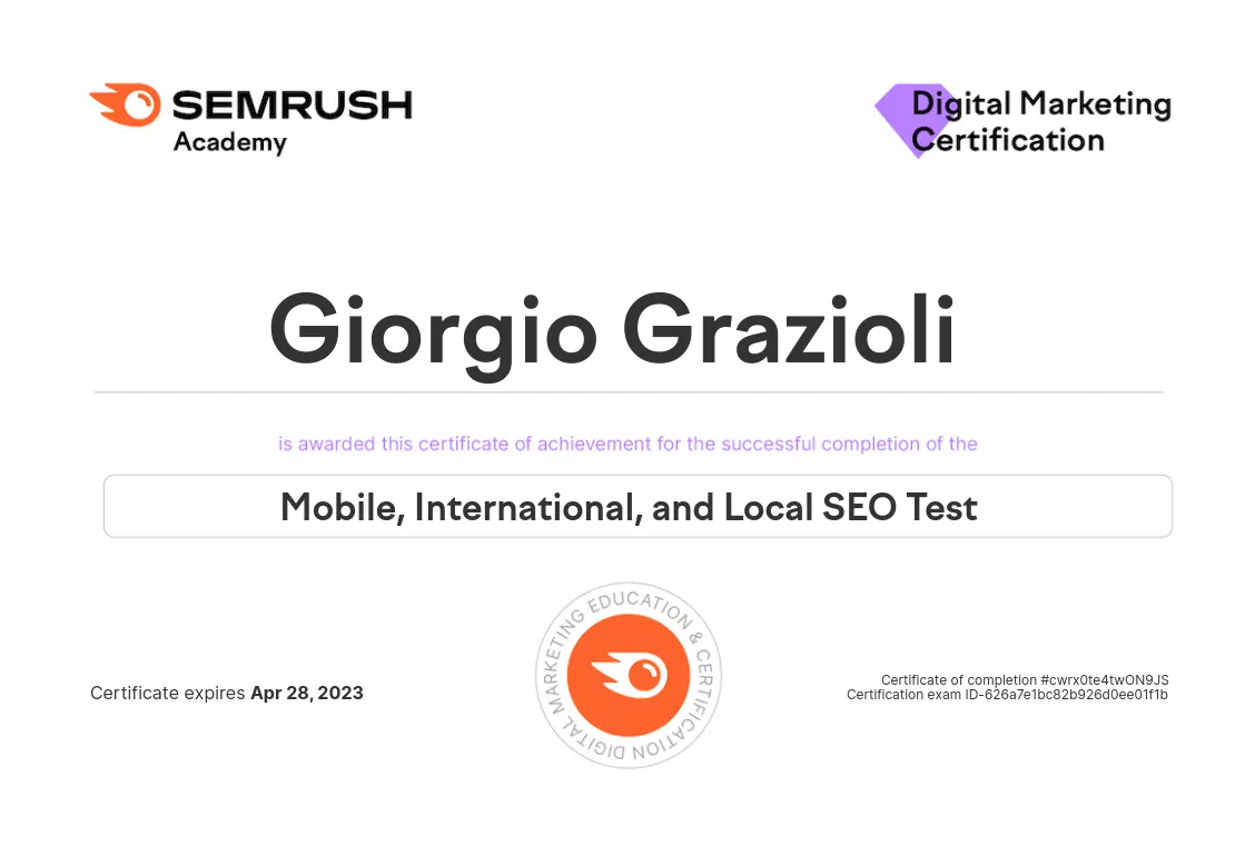 certificato mobile, international e local SEO semrush
