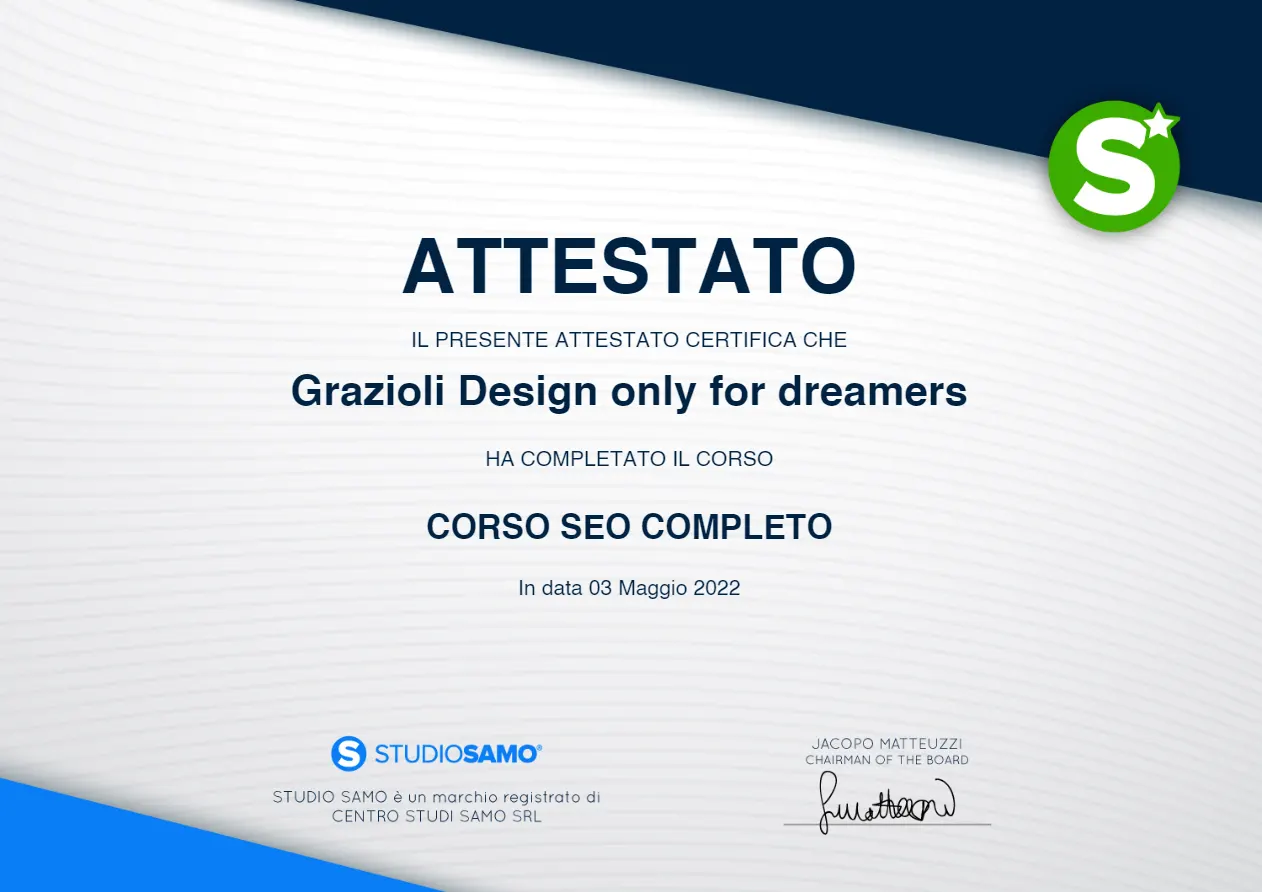 badge e attestato corso SEO STUDIO SAMO