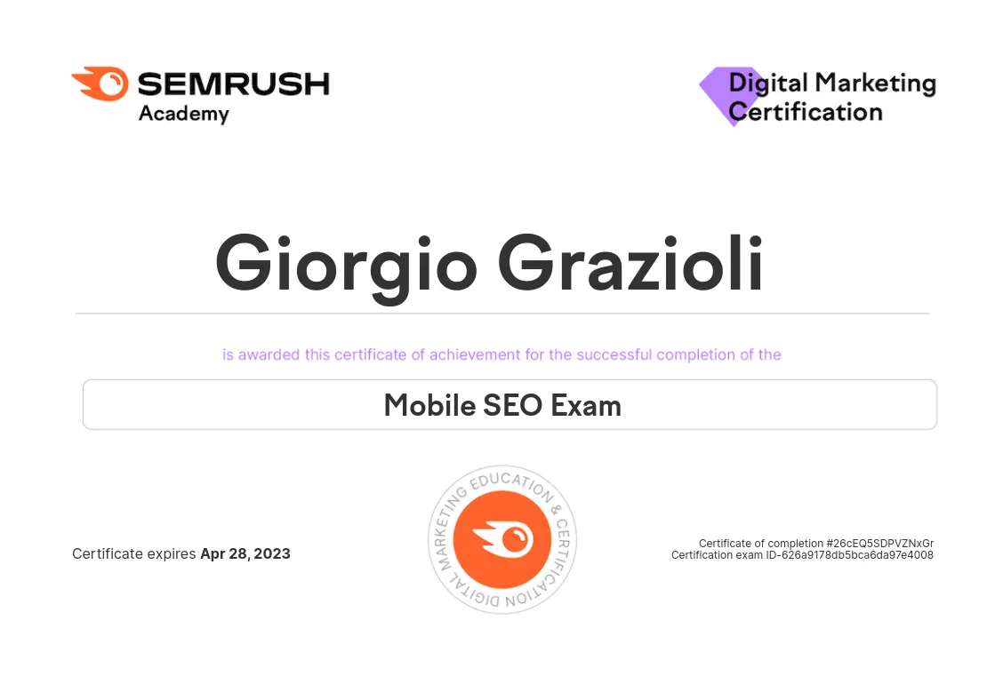 certificato on SEO per il mobile